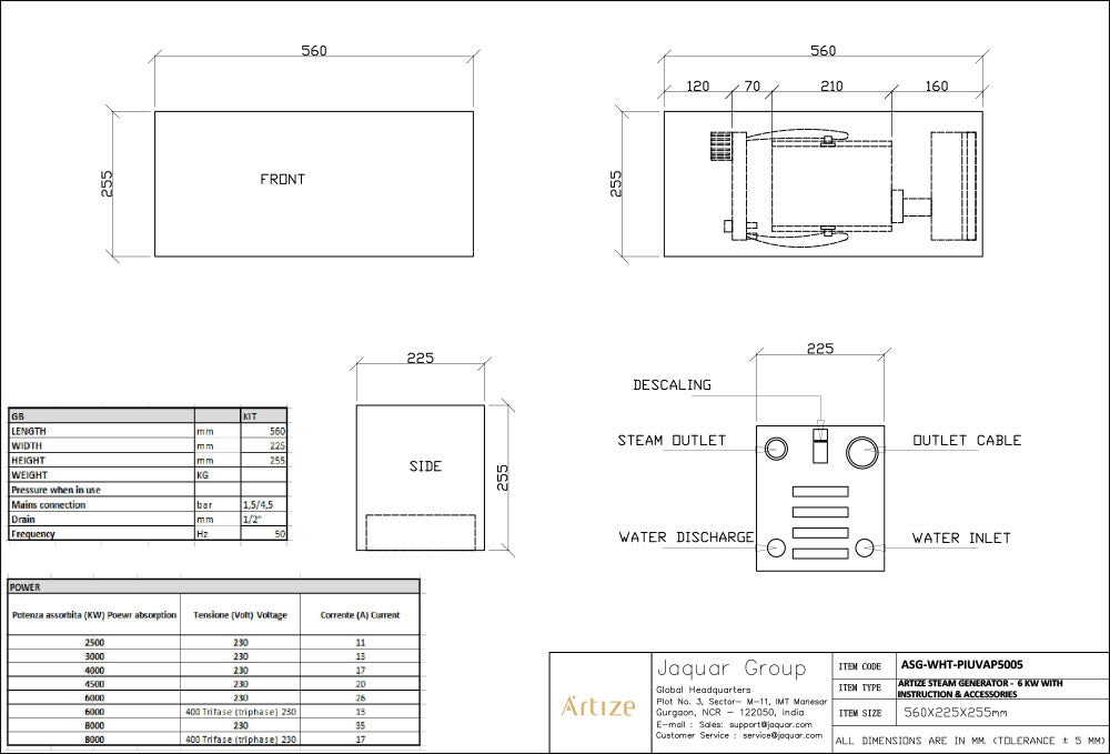 Jaquar Artize Steam Generator 4.5kW or 6kW - Heracles Wellness