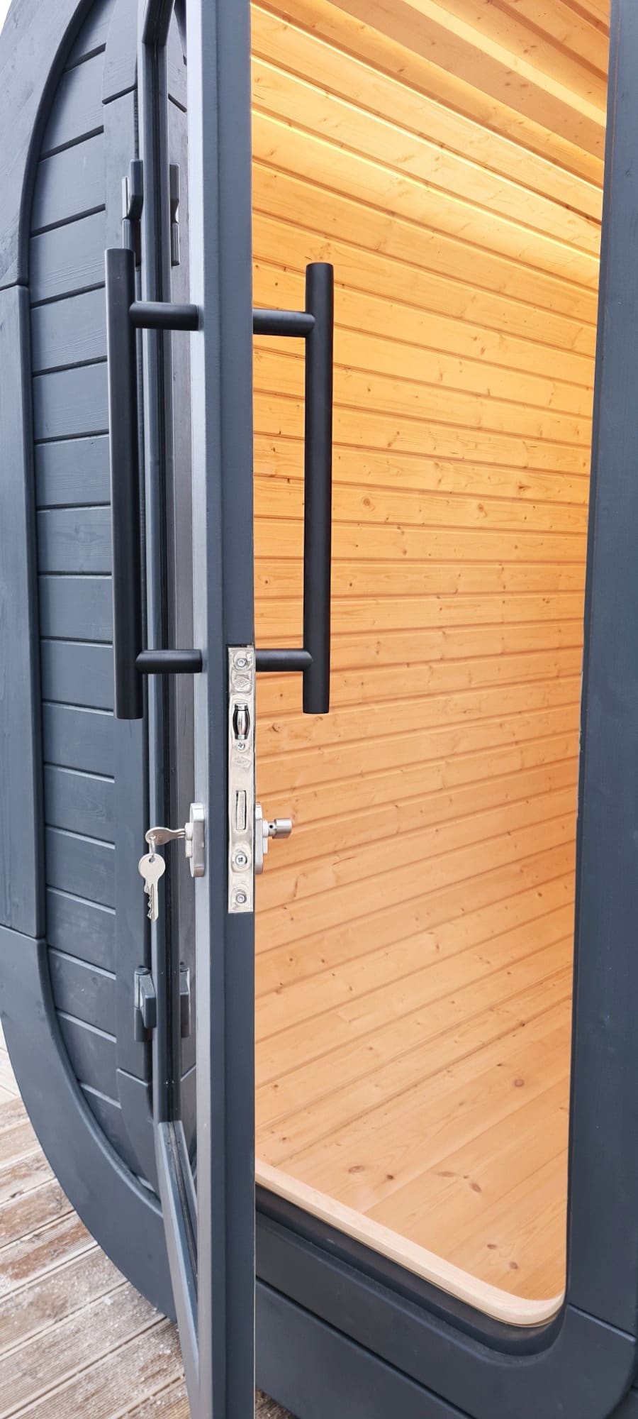 Viking Industrier Luna Outdoor Sauna With Changing Room Door open 2