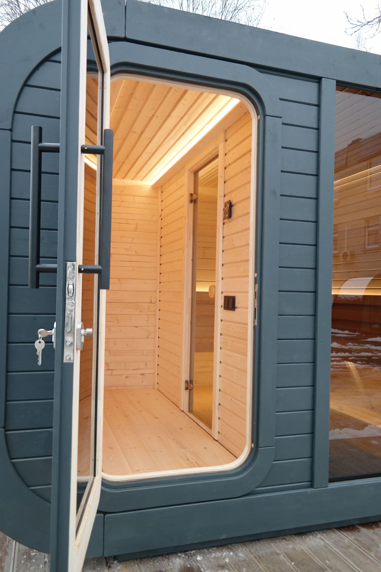 Viking Industrier Luna Outdoor Sauna With Changing Room door open