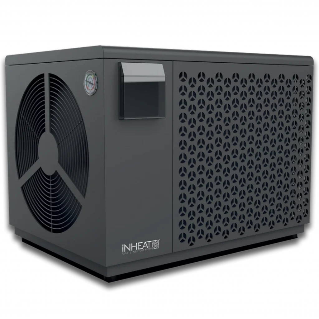 iNHEAT 7kW SpaLine EVI heat pump - front three-quarter view of the dark grey air-source heat pump with circular fan grille and iNHEAT brand on the front panel