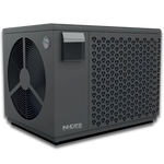 iNHEAT 7kW SpaLine EVI heat pump - front three-quarter view of the dark grey air-source heat pump with circular fan grille and iNHEAT brand on the front panel