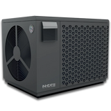 iNHEAT 7kW SpaLine EVI heat pump - front three-quarter view of the dark grey air-source heat pump with circular fan grille and iNHEAT brand on the front panel