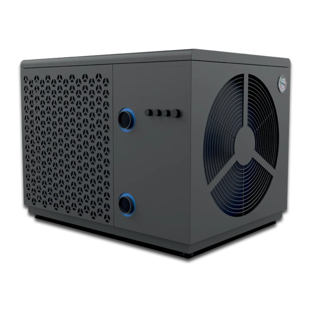 iNHEAT SpaLine 7kW heat pump - side three-quarter view showing the hydraulic connections, side ventilation grille and pipe ports