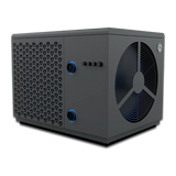 iNHEAT SpaLine 7kW heat pump - side three-quarter view showing the hydraulic connections, side ventilation grille and pipe ports