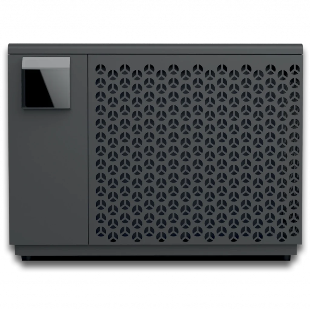 iNHEAT 7kW heat pump - front view showing the full-width ventilation grille and the integrated control panel with LCD display