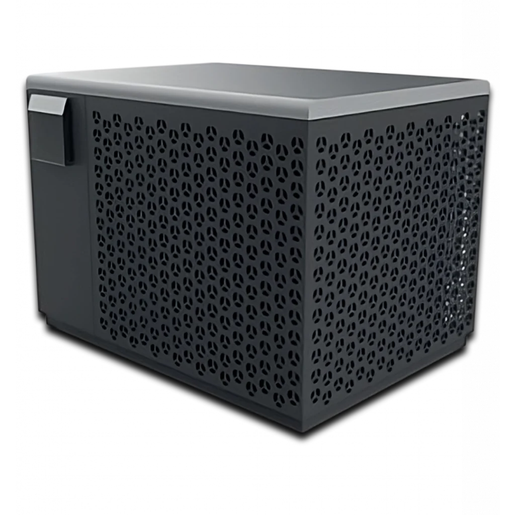 iNHEAT SpaLine heat pump - elevated three-quarter view showing the top and side panels of the compact unit