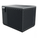 iNHEAT SpaLine heat pump - elevated three-quarter view showing the top and side panels of the compact unit