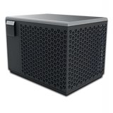 iNHEAT SpaLine heat pump - elevated three-quarter view showing the top and side panels of the compact unit