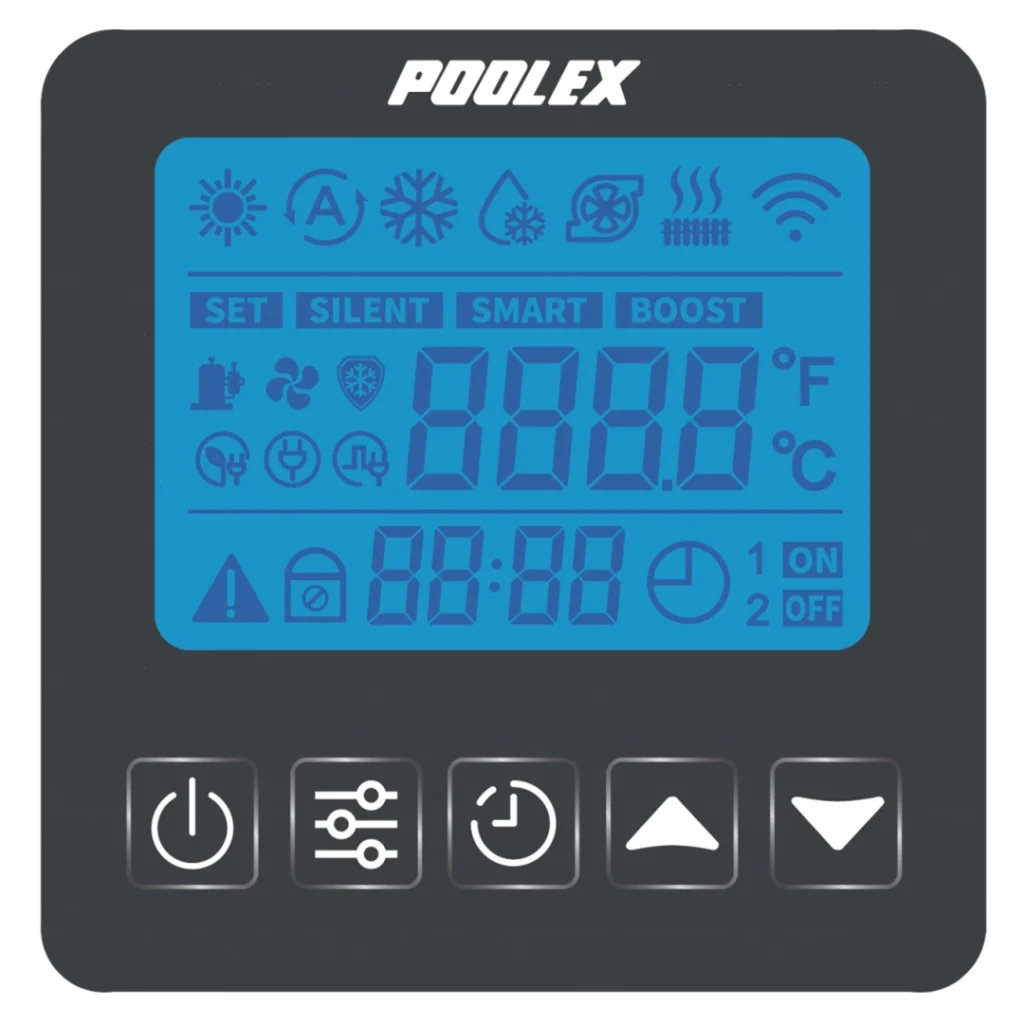 iNHEAT SpaLine control panel - close-up of the LCD display showing mode buttons including SET, SILENT, SMART and BOOST