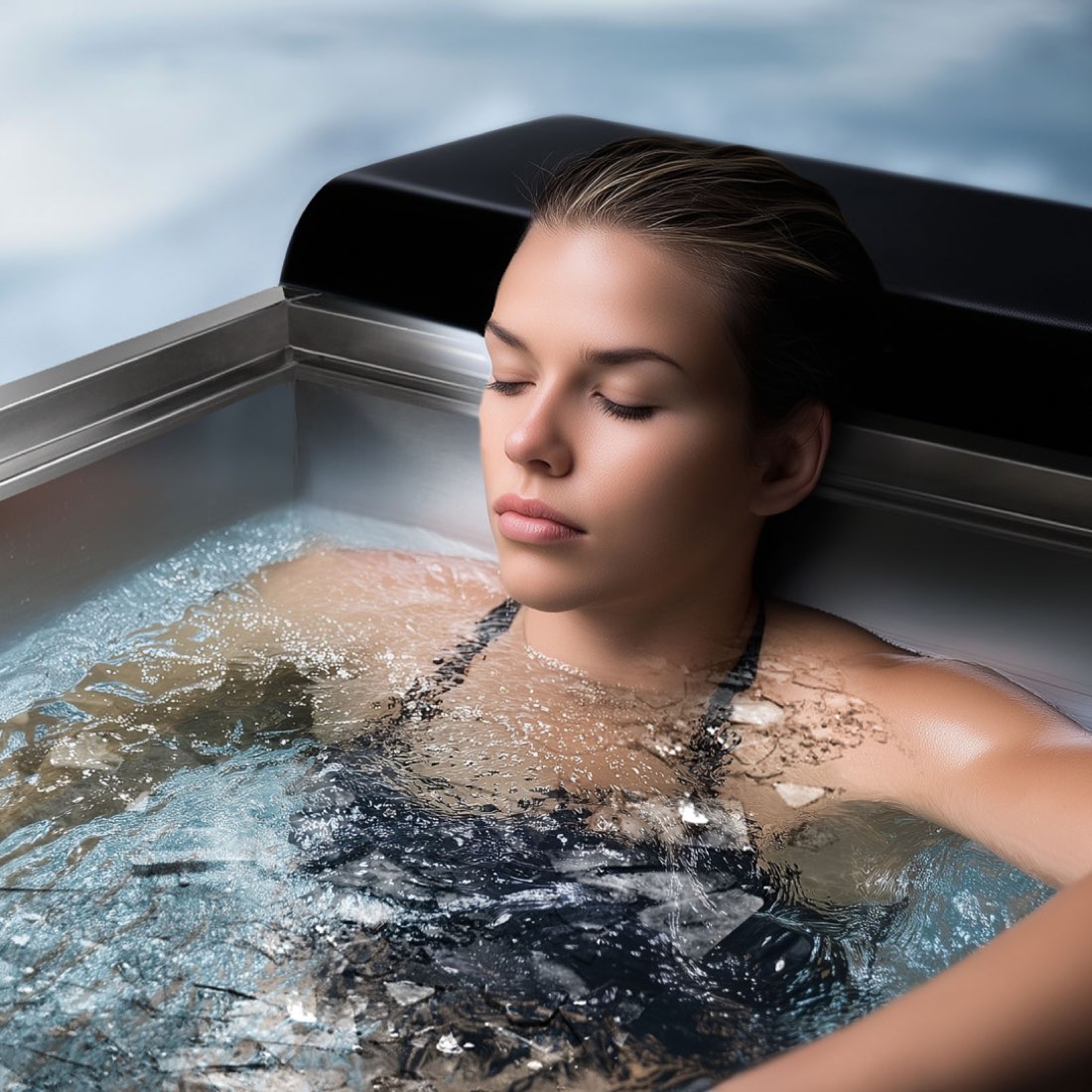 Lifestyle image of a person using the Icefall ice bath for cold water immersion recovery at home.
