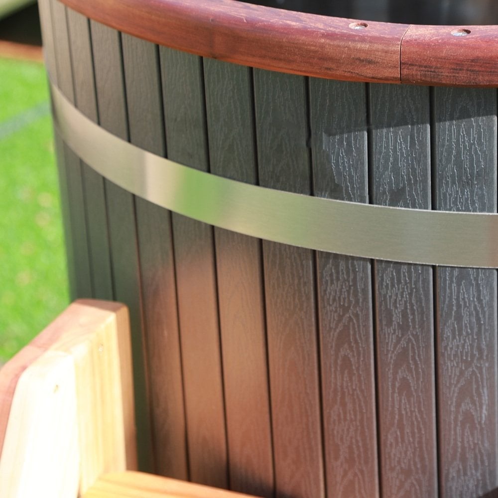 Glacier cold plunge close-up showing wood-look exterior and cedar rim