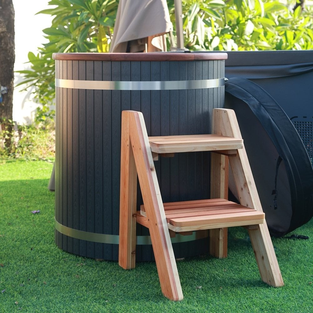 Glacier cold plunge outdoors with cedar entry ladder