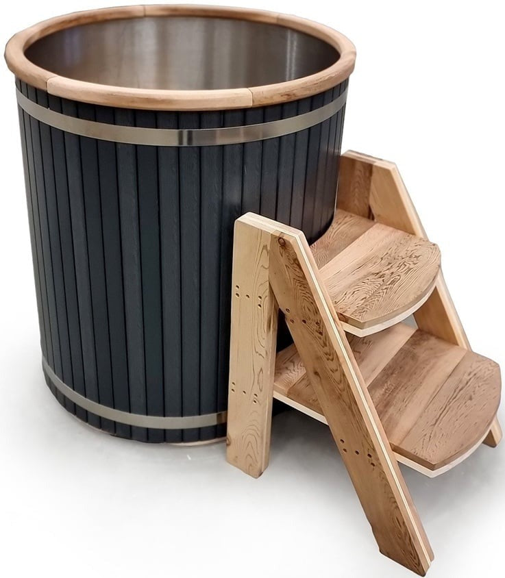 Glacier cold plunge with cedar ladder and stainless-steel interior
