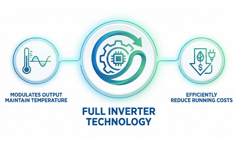 Full inverter technology diagram showing temperature-led output modulation and lower energy use