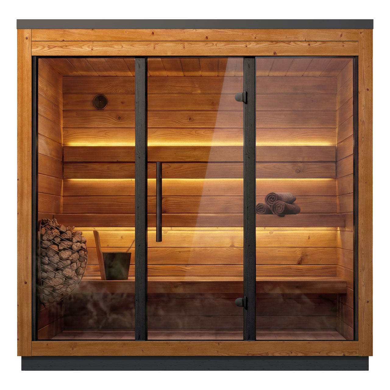 Leil Aris Lite four person outdoor sauna front view with bronze glass and interior lighting