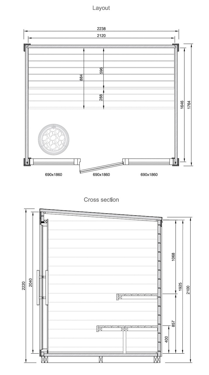 Technical dimension drawing for the Leil Aris Lite showing width, depth, height and bench layout