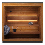 Leil Aris Lite sauna front view with doors open showing the wide ThermoWood bench and warm LED lighting