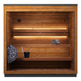 Leil Aris Lite sauna front view with doors open showing the wide ThermoWood bench and warm LED lighting