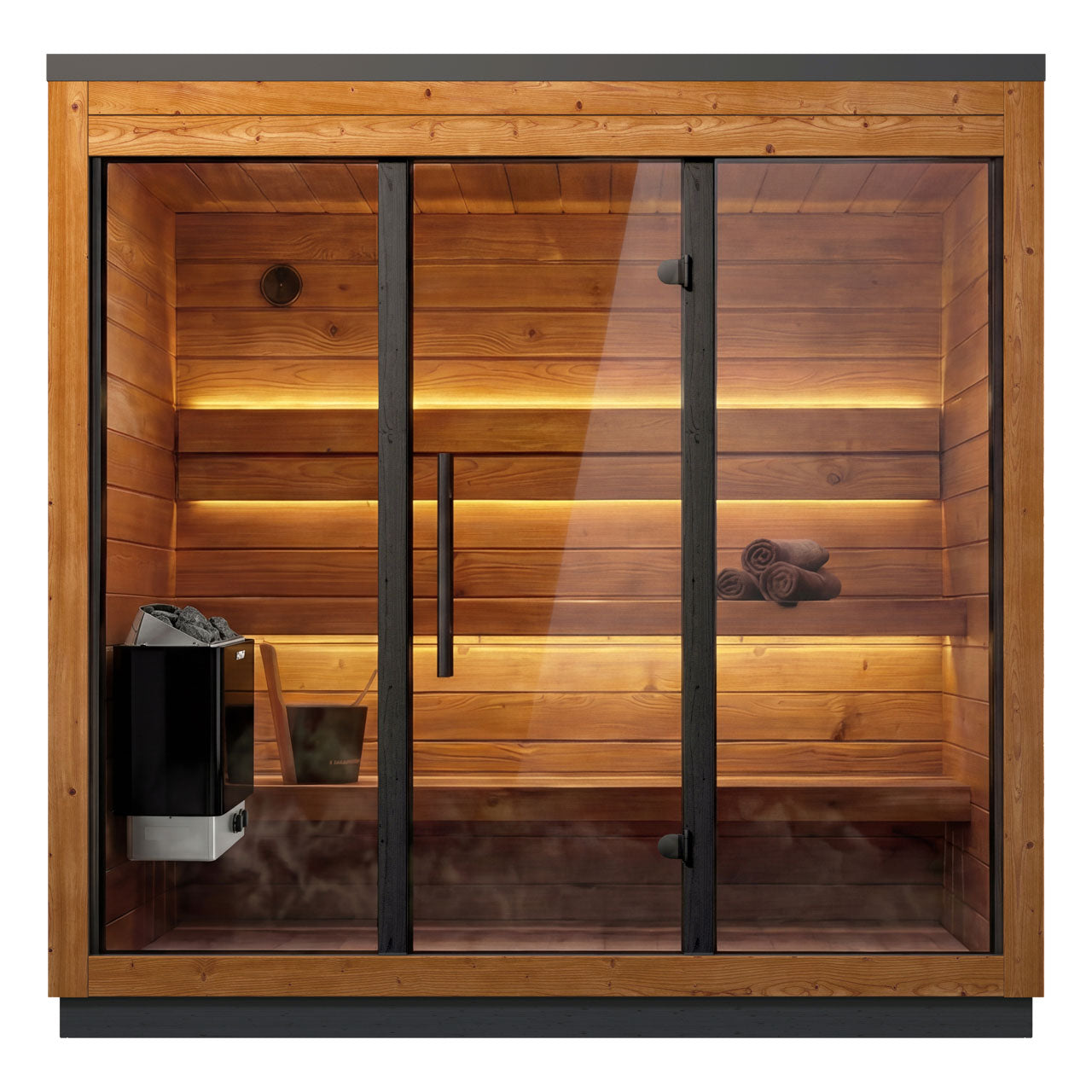 Leil Aris Lite outdoor sauna front view with heater visible through the bronze glass