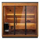 Leil Aris Lite outdoor sauna front view with heater visible through the bronze glass