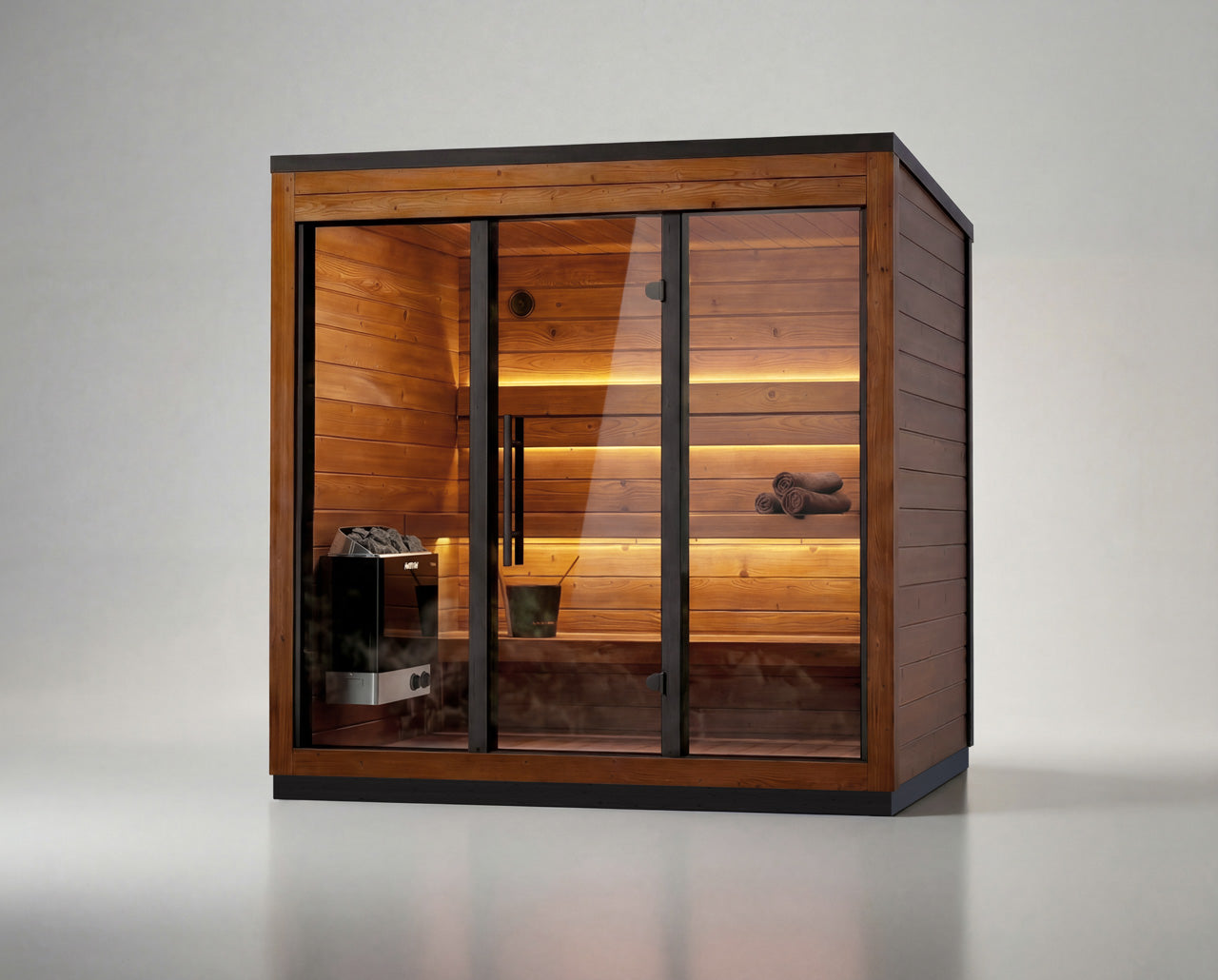 Leil Aris Lite studio angle with heater, bronze glass front and ThermoWood exterior cladding