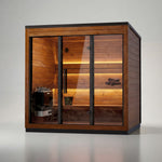 Leil Aris Lite studio angle with heater, bronze glass front and ThermoWood exterior cladding