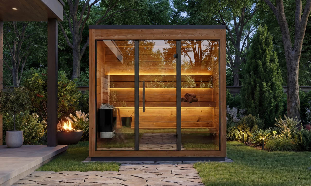 Leil Aris Lite outdoor sauna in a landscaped garden showing the wider front facade and lit interior