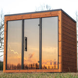 Rear and side view of the Leil Aris Lite sauna showing plain ThermoWood cladding and black roof trim