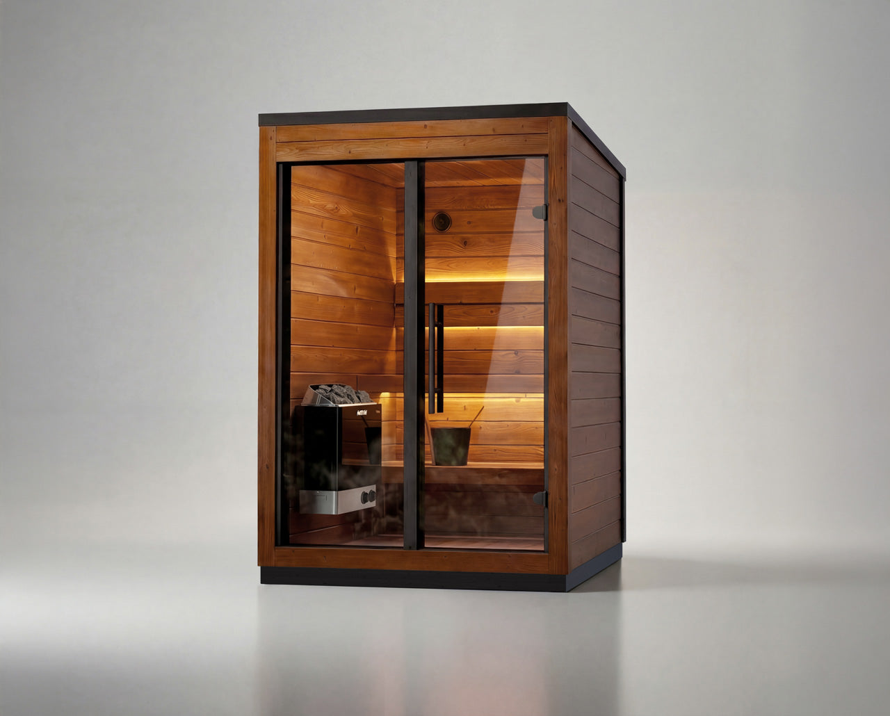 Leil Aris Mini sauna interior detail showing ThermoWood finish and glass facade