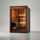 Leil Aris Mini sauna interior detail showing ThermoWood finish and glass facade