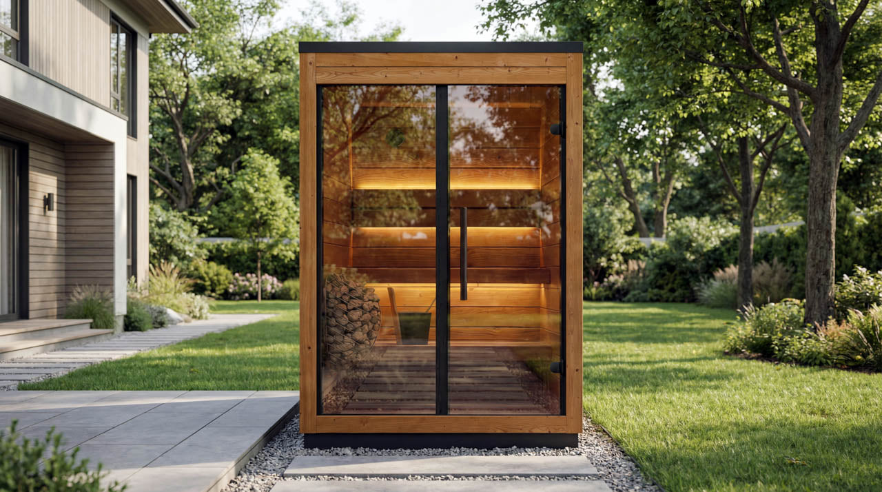 Leil Aris Mini outdoor sauna wide lifestyle view in natural setting