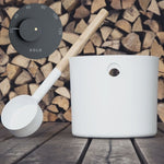 Wooden sauna bucket ladle and thermometer included with the Aris Mini Kit