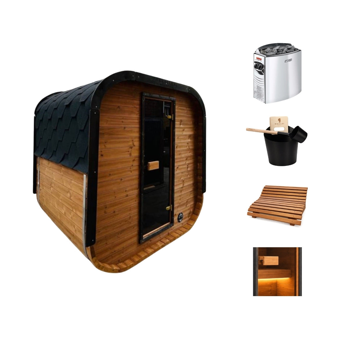 Camilla 3–4 person outdoor sauna complete kit with Harvia BC60 heater and stones, bucket and ladle, two headrests and dimmable LED lighting