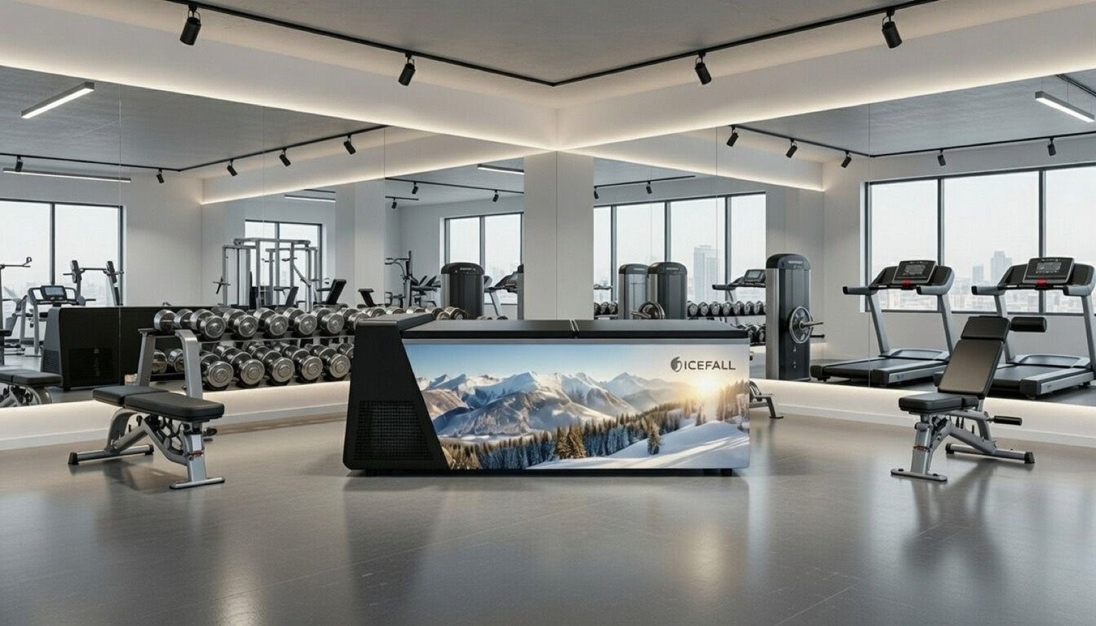Icefall ice bath in a home recovery room showing a custom exterior finish and compact rectangular shape.