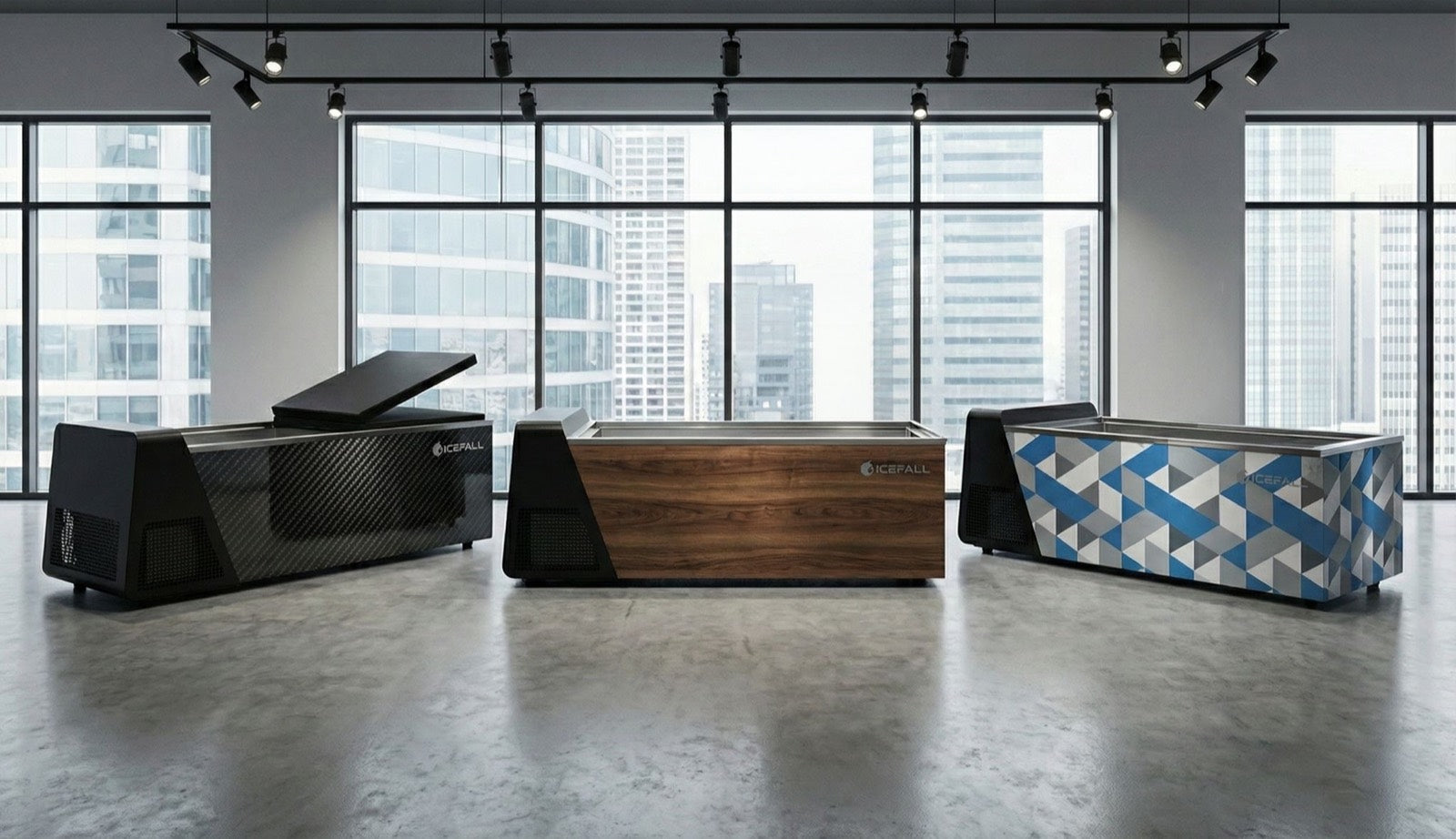 Multiple Icefall ice bath exterior finish options displayed side by side for custom home wellness design.