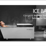 Interior of the Icefall ice bath showing cold plunge water and ice inside the tub.
