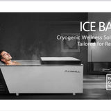 Interior of the Icefall ice bath showing cold plunge water and ice inside the tub.