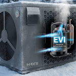 iNHEAT SpaLine EVI heat pump operating outdoors in snow to illustrate cold-weather heating down to minus 25 degrees Celsius