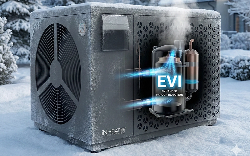 iNHEAT SpaLine EVI heat pump operating outdoors in snow to illustrate cold-weather heating down to minus 25 degrees Celsius