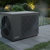 Compact iNHEAT SpaLine heat pump positioned discreetly beside a garden patio at night