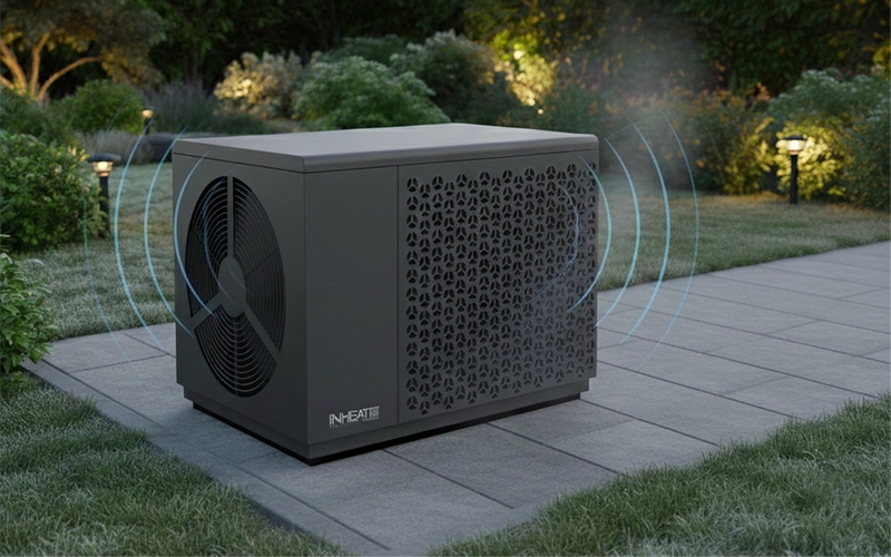 Compact iNHEAT SpaLine heat pump positioned discreetly beside a garden patio at night