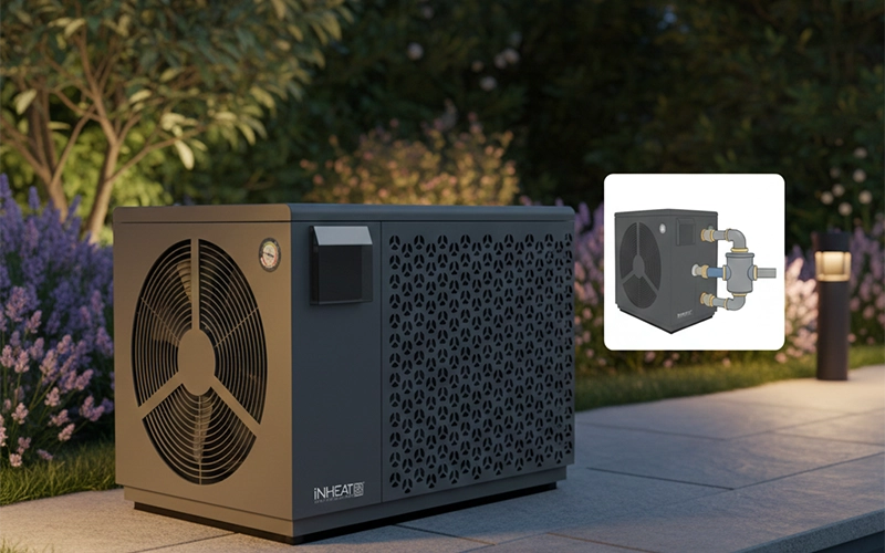 iNHEAT SpaLine heat pump beside a hot tub showing a compact outdoor installation