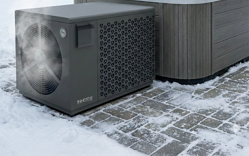 iNHEAT SpaLine heat pump supplying a hot tub in winter conditions