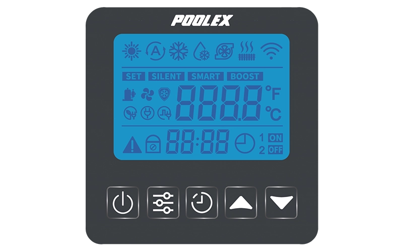iNHEAT SpaLine heat pump with its LCD controller and heating, cooling, automatic, silent and boost modes