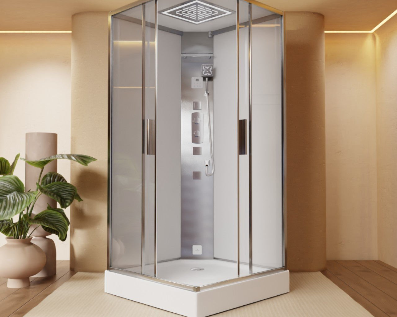 Jaquar Oasis corner steam and shower cabin in a modern bathroom