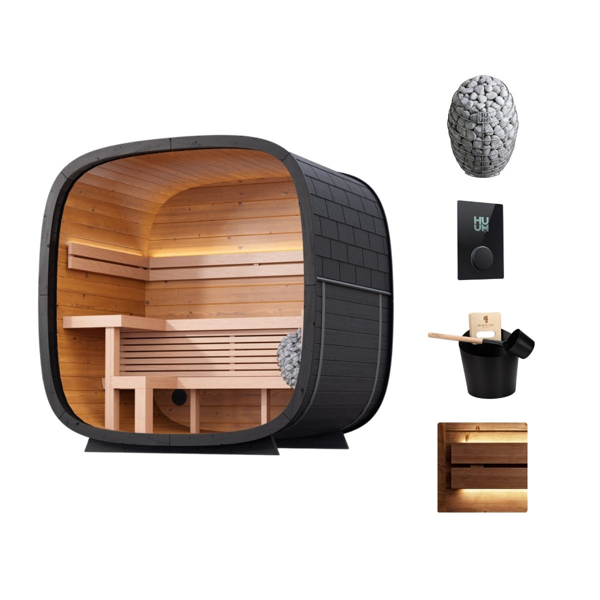Leil Black Cube Classic 4 person outdoor sauna kit with HUUM DROP 9kW heater, UKU Glass WiFi control, two dimmable LED strips, bucket and ladle