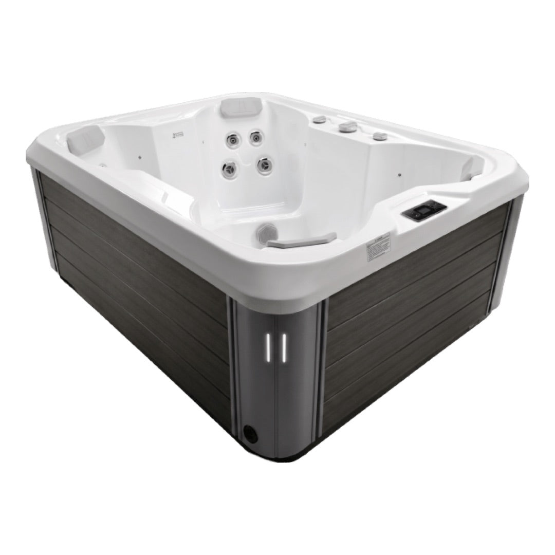 Equinox Nova 130 hot tub full front-corner view with Alpine White shell and mixed-brown cabinet