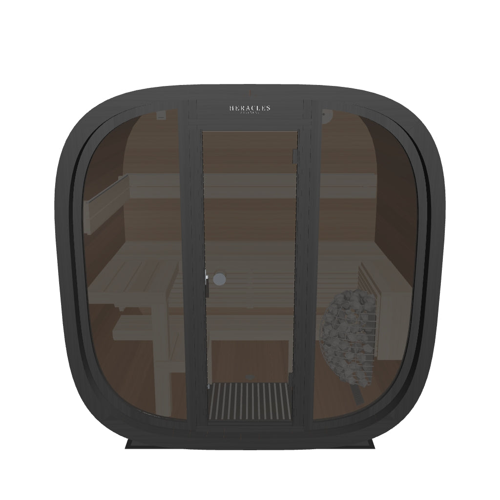 Leil® Black Cube Classic outdoor sauna in 3D: turn it, or view it in your garden