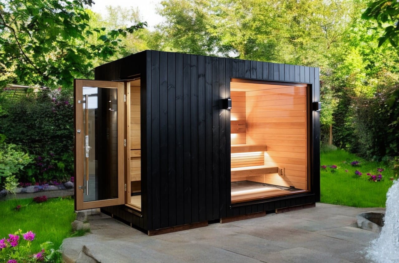 Saunum AirCube Double Outdoor Sauna 5 Seater with Changing Room - Heracles Wellness